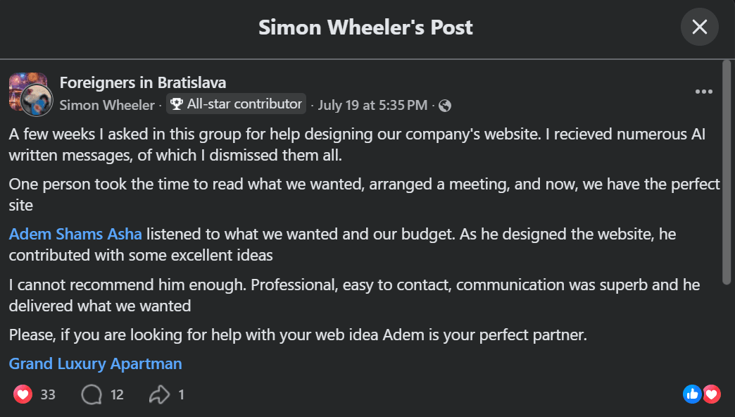 Facebook testimonial from Simon Wheeler about Grand Apartman website